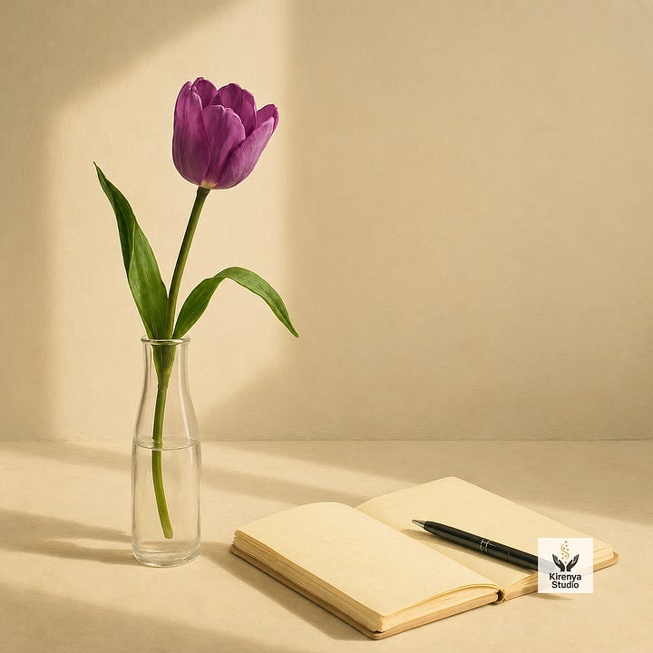 Four sunlit still-life images shown in order: a yellow tulip, a white tulip, a red tulip, and a violet tulip, each in a clear glass vase beside an open notebook and pen on a warm beige surface.