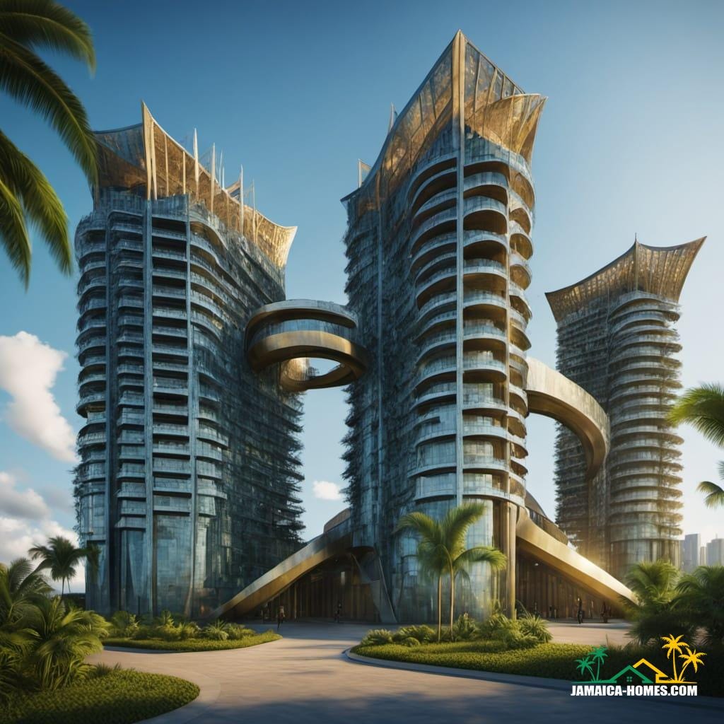 Cinematic film still. A modern church building stands in Jamaica. Medium shot. Vibrant tropical colors, sun-drenched atmosphere. Bright sunlight highlights the architecture. Lush greenery surrounds the building. Golden hour lighting, warm color palette. 8k, film grain, lush foliage, intricate details, Caribbean vibe, cinematic, masterpiece, dramatic lighting, high detail, professional photography, cinematic color grading.