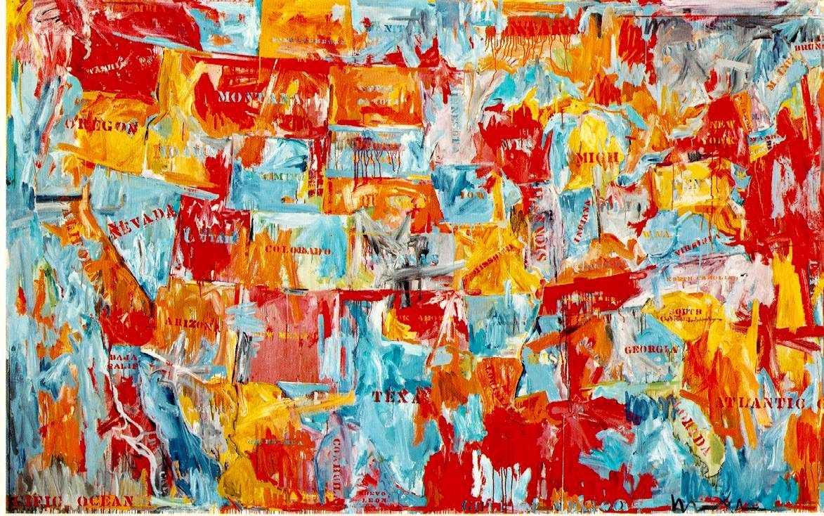 Map by Jasper Johns: the United States in loose strokes of red, orange, blue and white, with stenciled state names Map by Jasper Johns: the United States in loose strokes of red, orange, blue and white, with stenciled state names
