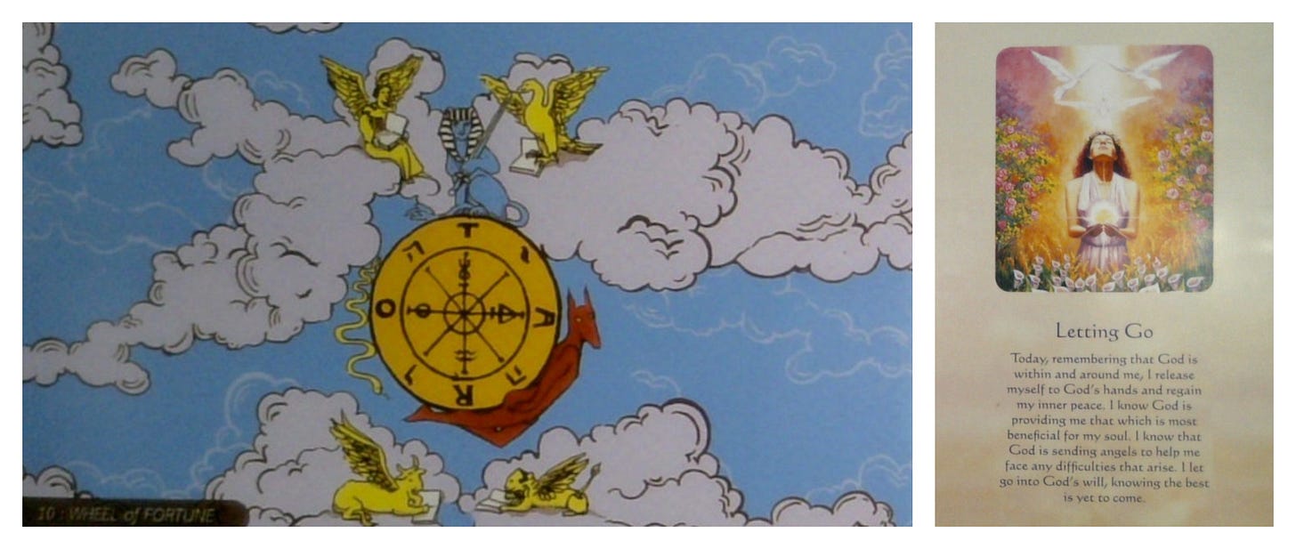 The Wheel of Fortune tarot card and the Letting Go oracle card.