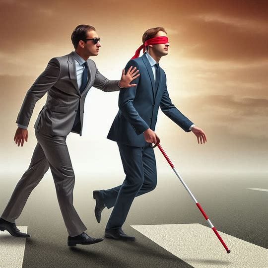 blind man who is walking with a red and white feeler cane being pushed out of the way by another. Image 2 of 2 blind man who is walking with a red and white feeler cane being pushed out of the way by another. Image 2 of 2