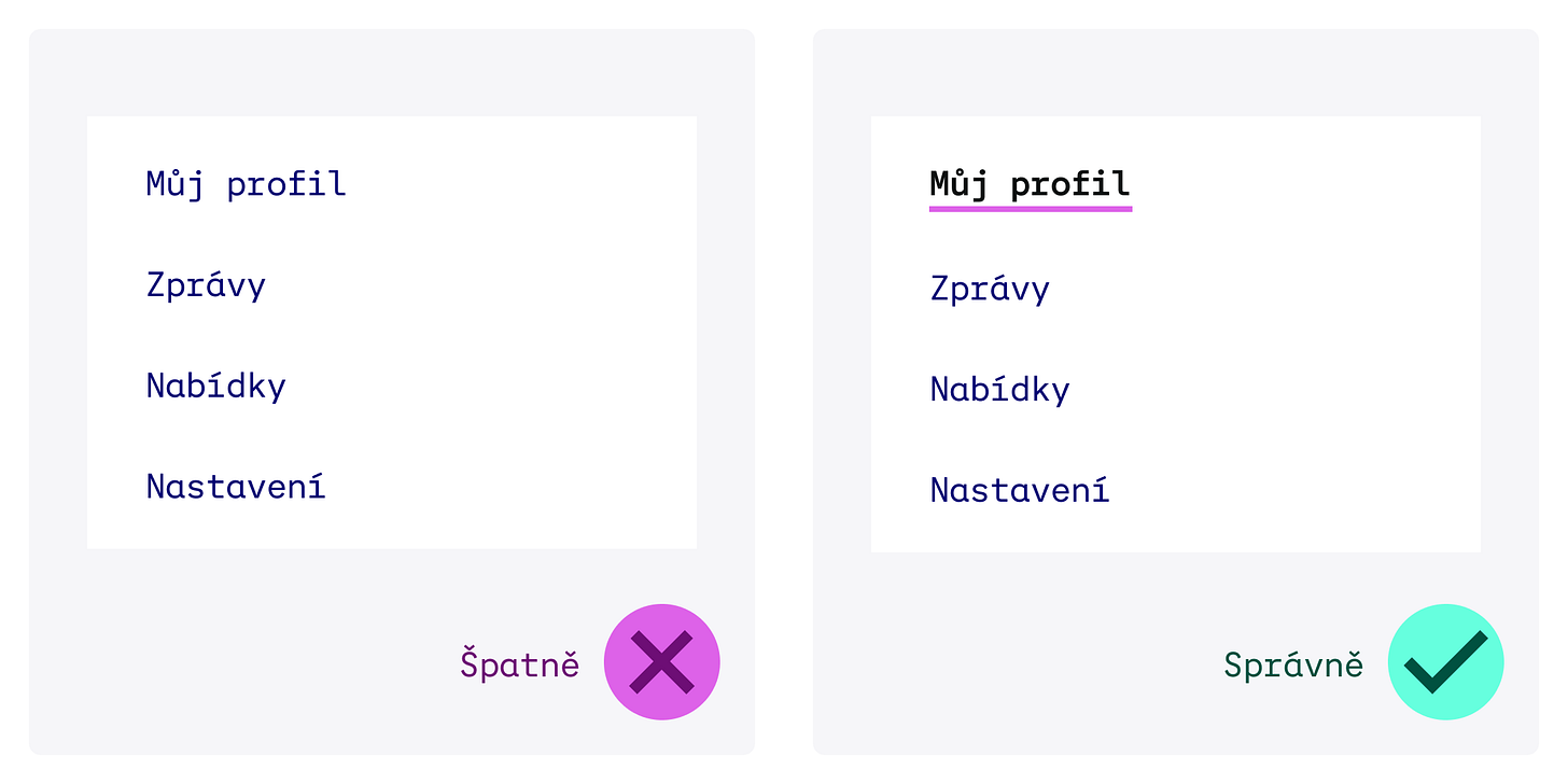 Vlevo (špatně) všechny položky menu vypadají stejně. Vpravo (správně) aktuální pozice je v menu zvýrazněná.