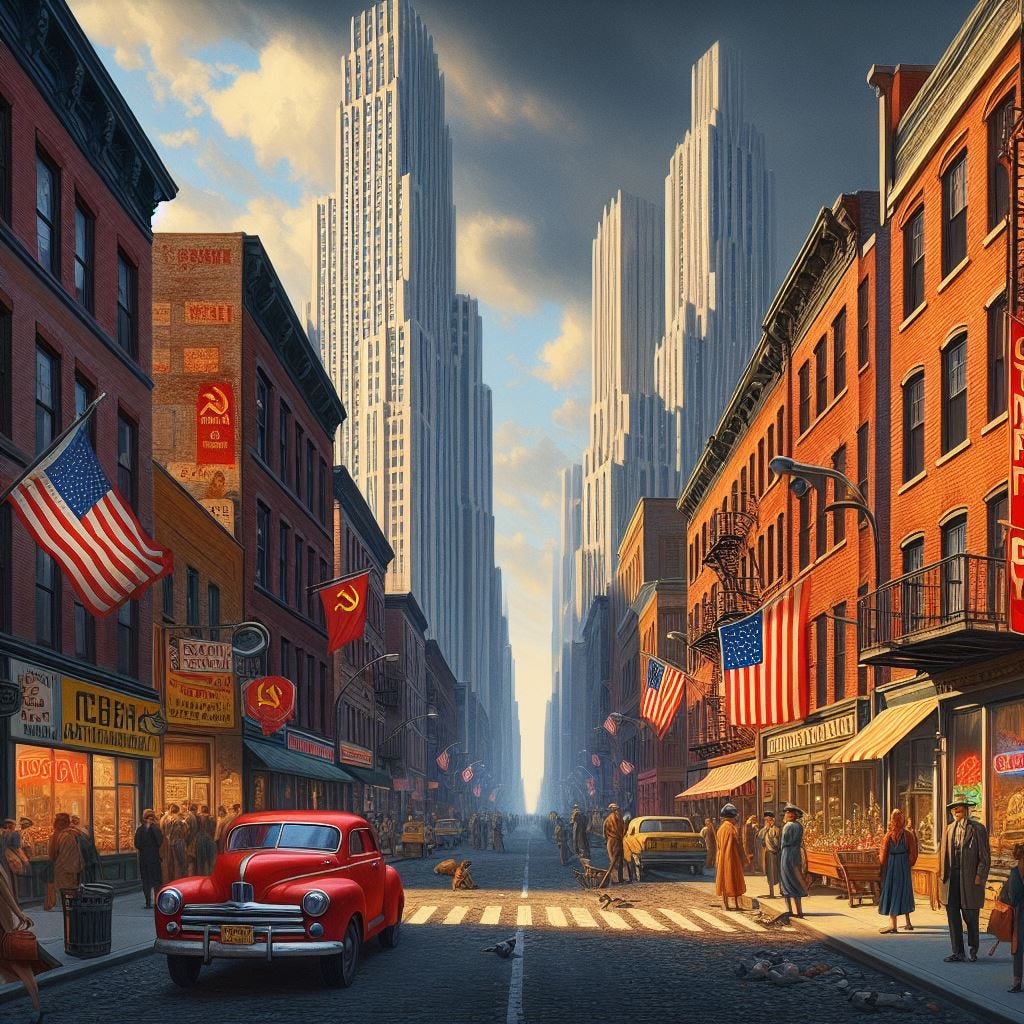 a communist american street in 2030 portrayed through soviet realism art style