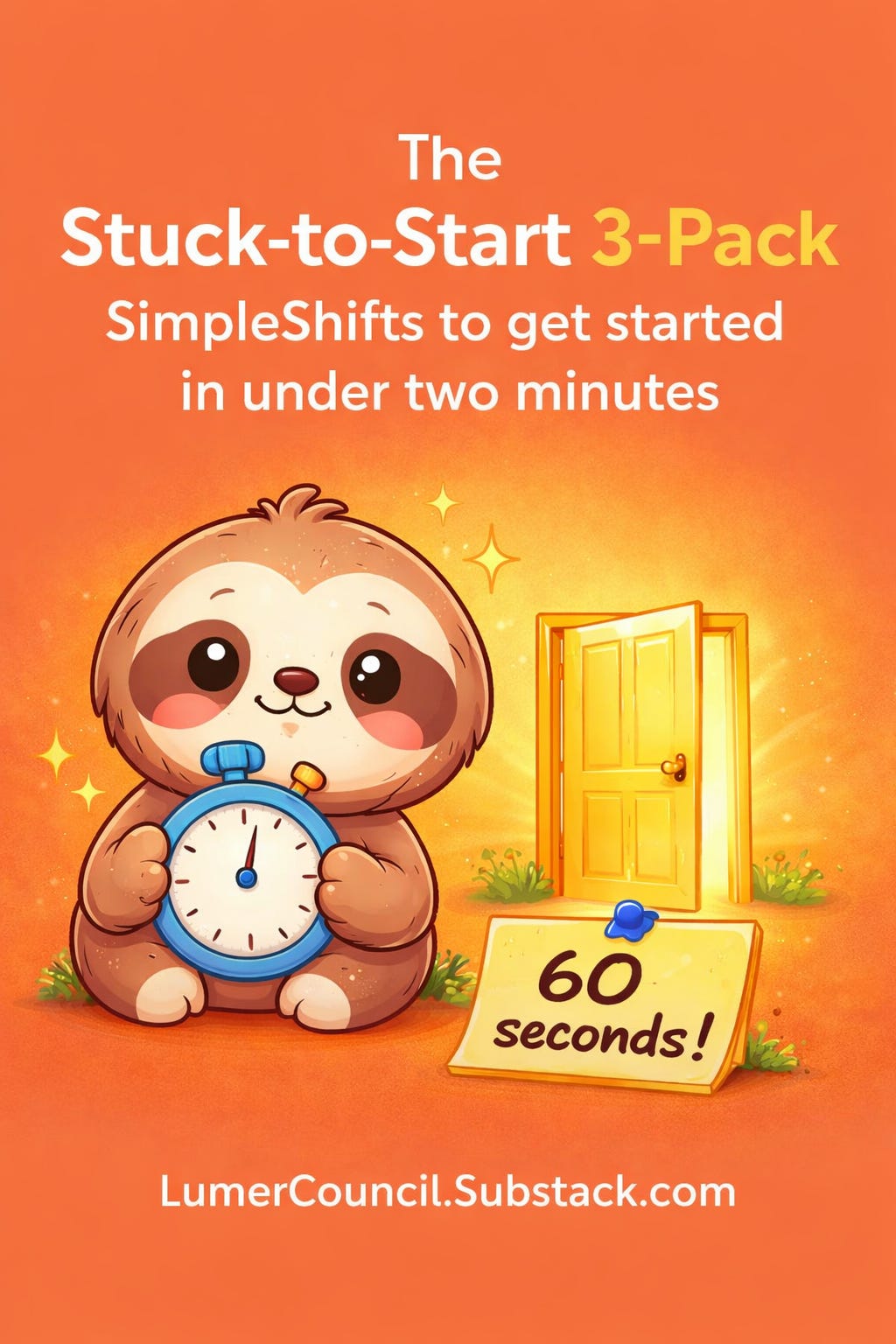 A cheerful cartoon sloth holds a stopwatch set to 60 seconds beside a glowing open door and a note that reads “60 seconds!” The image includes the title “The Stuck-to-Start 3-Pack,” the subtitle “SimpleShifts to get started in under two minutes,” and the text “LumerCouncil.Substack.com” on a warm orange background.