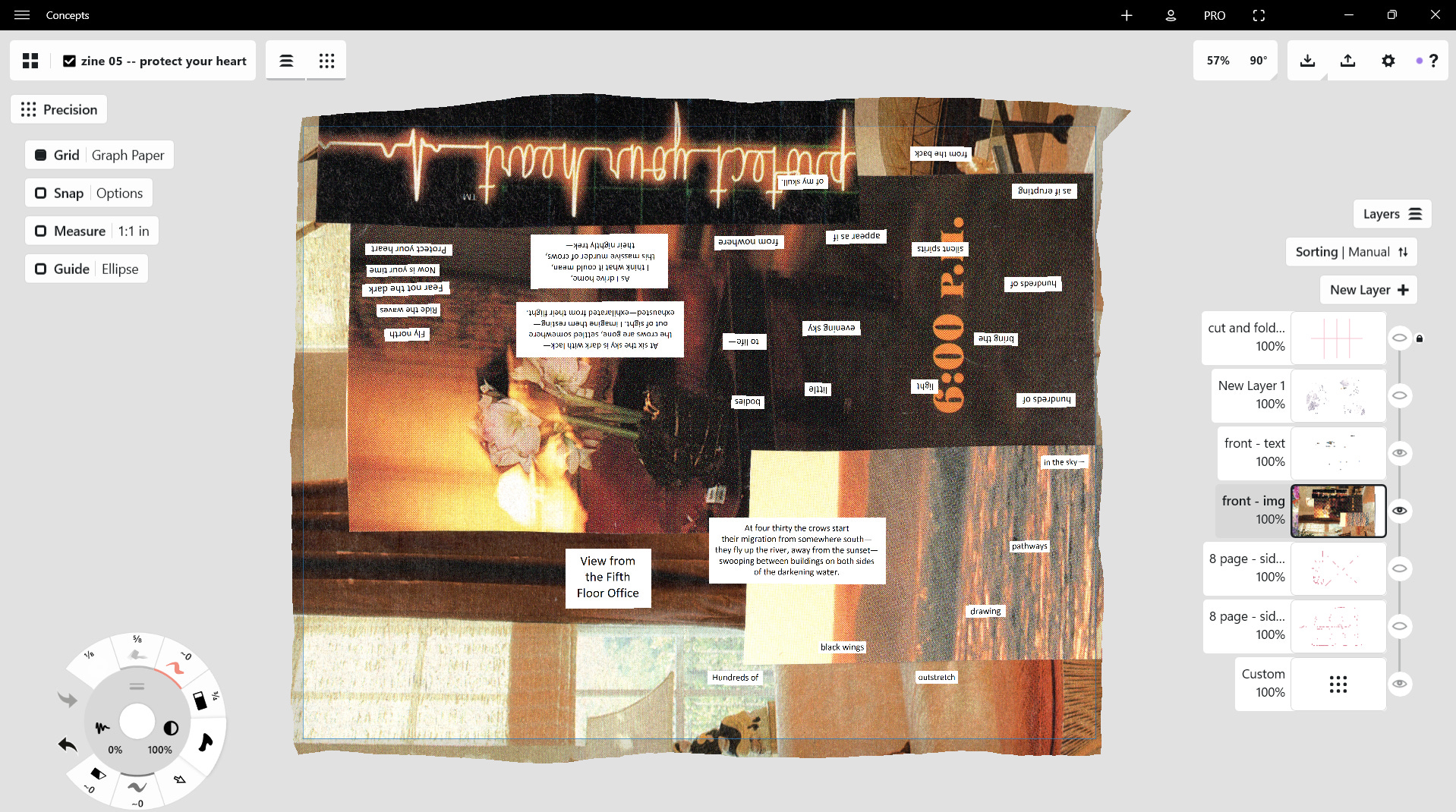 A drawing app showing a moody zine with a poem written out in typed text and spread around a collage background.