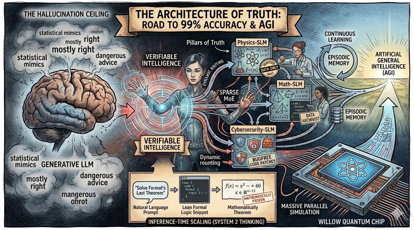 A detailed landscape infographic titled "The Architecture of Truth: Road to 99% Accuracy & AGI." On the left, a cracked brain labeled "The Hallucination Ceiling" emits clouds of text like "mostly right" and "statistical mimics." In the center, a figure representing "Verifiable Intelligence" dynamically routes data to specialized "Pillars of Truth," including a Physics-SLM and Math-SLM trained on verified data. Below, a flowchart illustrates Inference-Time Scaling, showing a natural language prompt converted into mathematically proven formal logic. On the right, a Willow Quantum Chip processes massive parallel simulations, leading down a bright pathway toward Artificial General Intelligence (AGI).