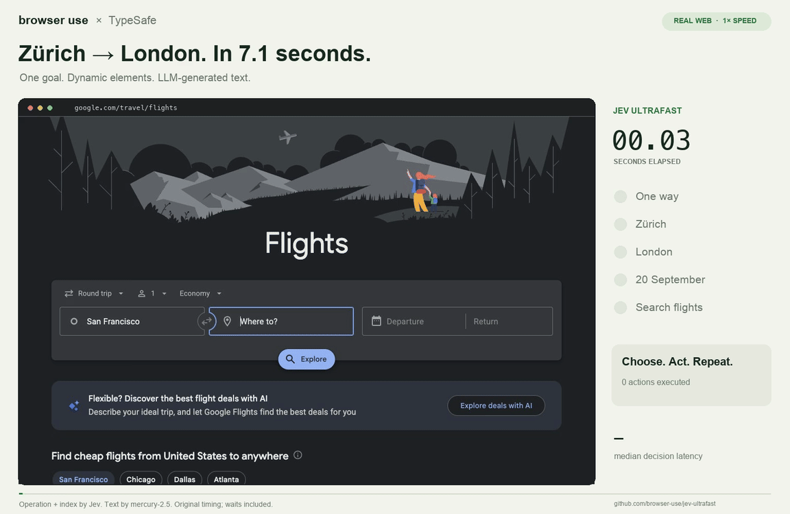 Browser Use's Jev Ultrafast agent completing a Google Flights search at normal speed Browser Use's Jev Ultrafast agent completing a Google Flights search at normal speed
