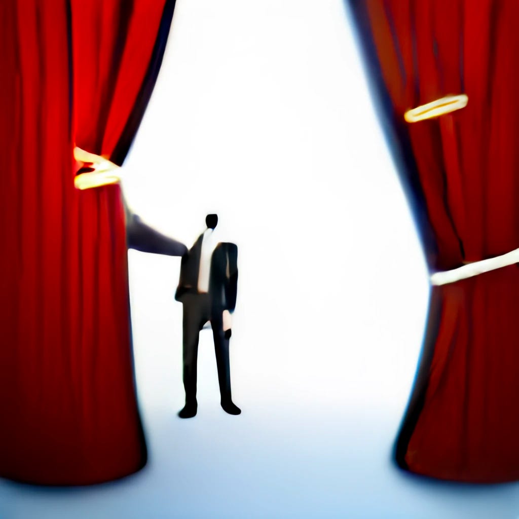 A Generative AI generated image using https://www.craiyon.com/ showing a blurry suit-dressed figure behind a red theatre curtain