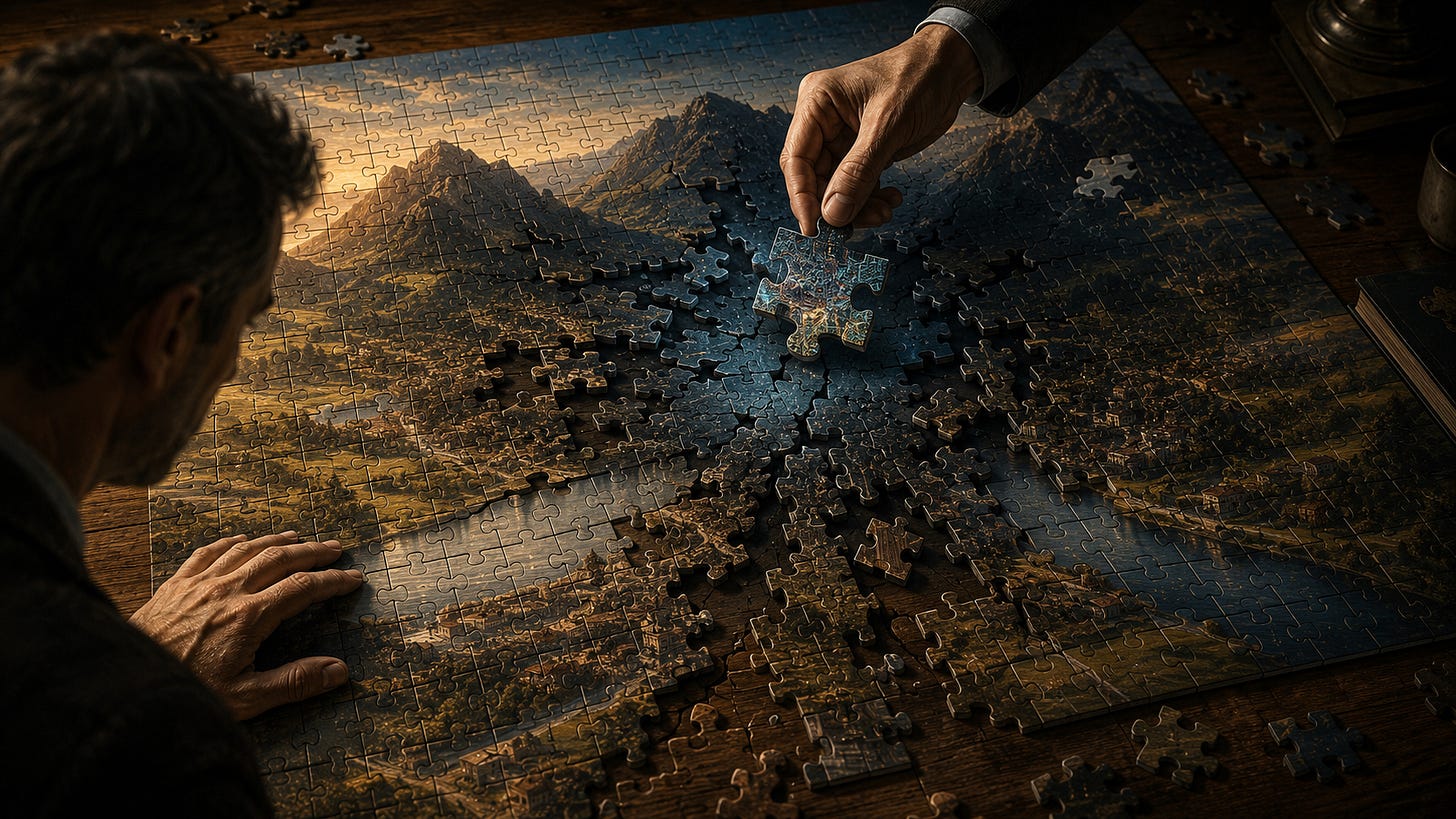 A nearly completed wooden jigsaw puzzle rests on a large oak table under warm light. A hand carefully lowers a single puzzle piece from a different puzzle into the centre of the image. Around the substituted piece, the surrounding puzzle has sprung apart, with widening cracks radiating outward like fault lines while intact sections remain connected at the edges. Another person, absorbed in concentration, continues pressing the original pieces together, unaware that the puzzle's architecture has fundamentally changed. The scene is rendered in a painterly style with rich amber light fading into cooler blue-grey shadows. A nearly completed wooden jigsaw puzzle rests on a large oak table under warm light. A hand carefully lowers a single puzzle piece from a different puzzle into the centre of the image. Around the substituted piece, the surrounding puzzle has sprung apart, with widening cracks radiating outward like fault lines while intact sections remain connected at the edges. Another person, absorbed in concentration, continues pressing the original pieces together, unaware that the puzzle's architecture has fundamentally changed. The scene is rendered in a painterly style with rich amber light fading into cooler blue-grey shadows.