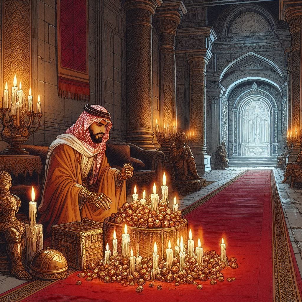 arabian man in a old church foyer, candles, bronze statues, red carpet, glowing pile of rocks, dungeons and dragons fantasy style drawing