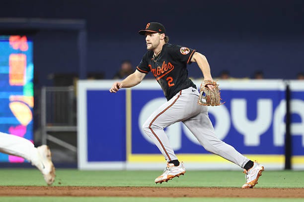 Baltimore Orioles shortstop Gunnar Henderson races for a grounder in the ninth inning during the game between the Baltimore Orioles and the Miami...