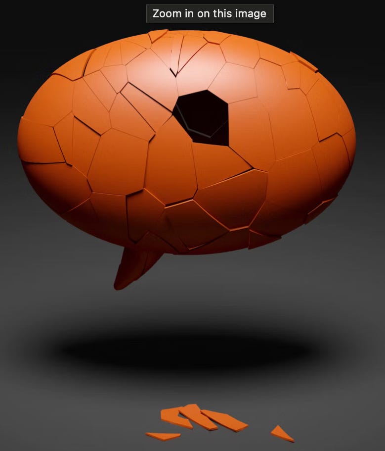A dull orange 3D speech bubble on a dull gray background that looks like a floating giant egg with many cracks has pieces. missing that fell to the ground below A dull orange 3D speech bubble on a dull gray background that looks like a floating giant egg with many cracks has pieces. missing that fell to the ground below