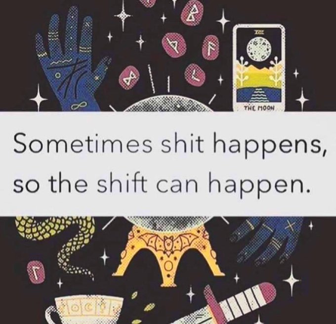 Hands with mystical symbols and tattoos, a snake, a dagger, a cup with "fool" text, a crystal ball, floating runes, and a tarot card labeled "The Moon" with a moon and landscape design.