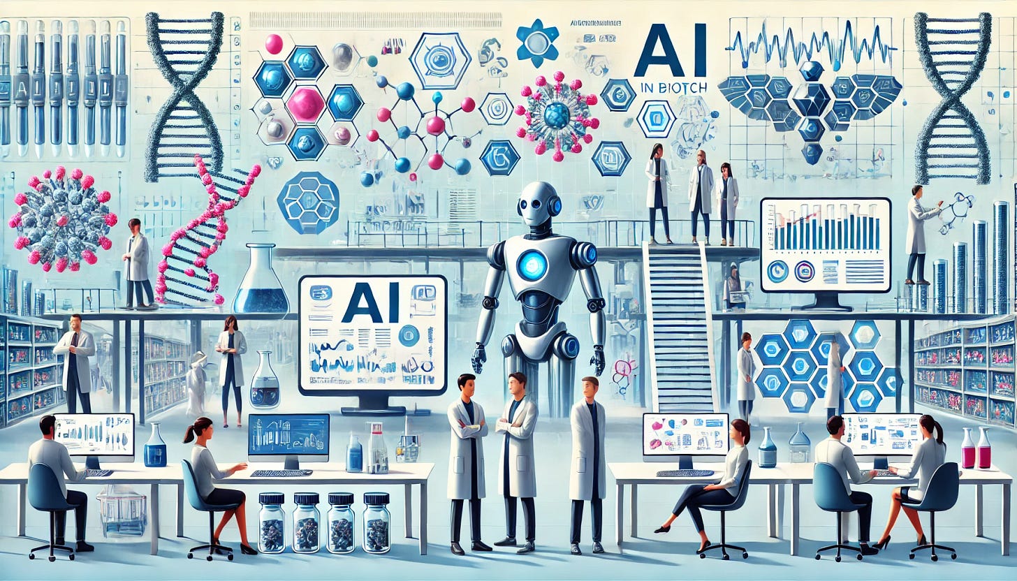 A horizontal, visually compelling illustration showcasing AI in biotech. The image features futuristic lab settings with AI-powered machines analyzing molecular structures and drug compounds. Diverse scientists and investors are interacting with digital screens displaying data analytics, graphs, and drug discovery processes. The background includes pharmaceutical vials, genetic codes, and a sleek robotic arm. The style is modern, clean, and inspiring, emphasizing innovation, technology, and the potential of AI in transforming drug discovery.