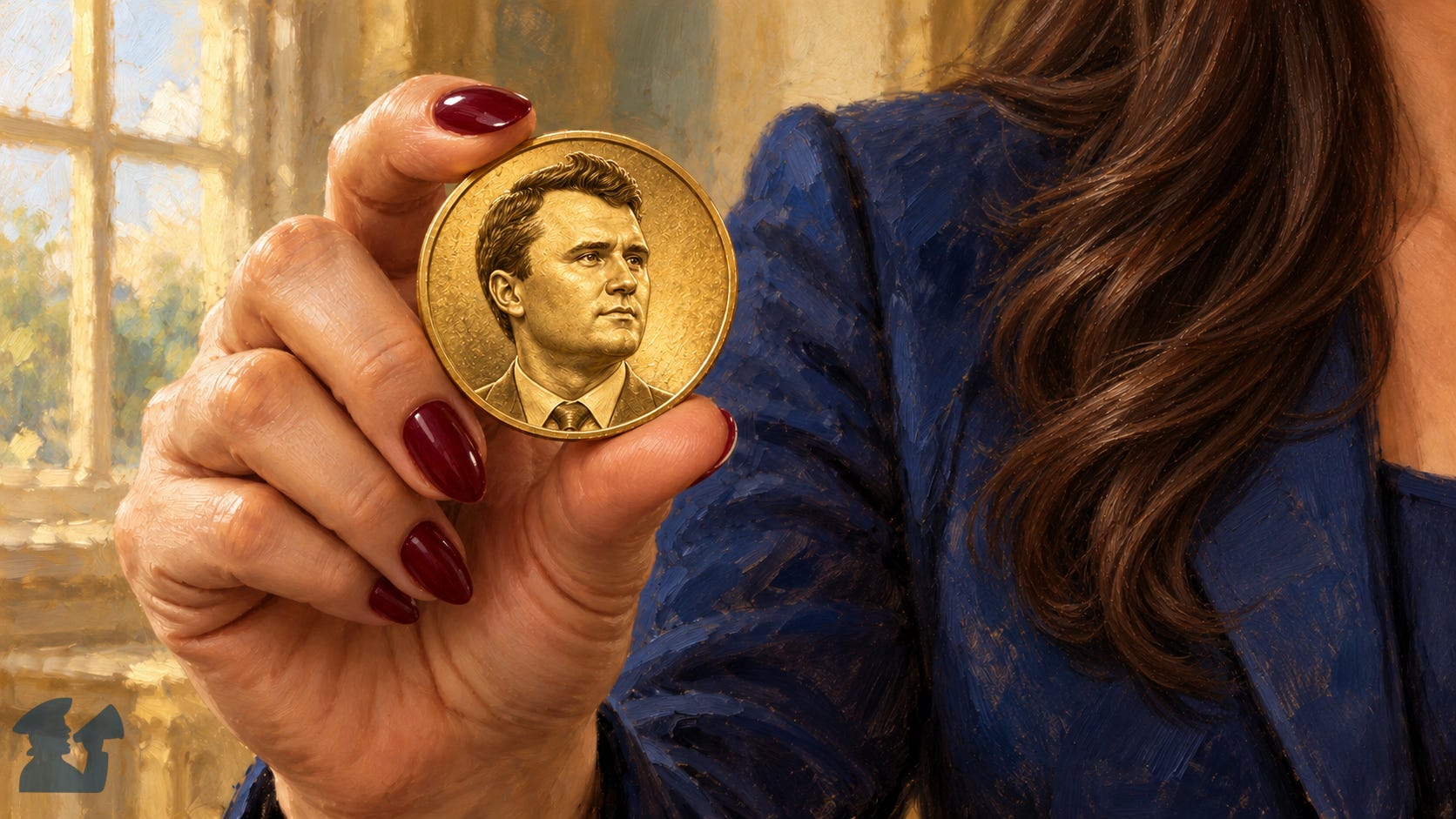 Painterly illustration of a brunette woman with burgundy-painted fingernails holding a gold coin bearing Charlie Kirk’s portrait, with an indigo blazer and warm window light in the background. Painterly illustration of a brunette woman with burgundy-painted fingernails holding a gold coin bearing Charlie Kirk’s portrait, with an indigo blazer and warm window light in the background.