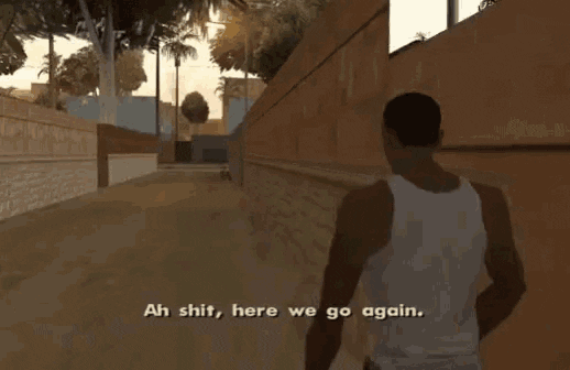 A Black man walks down the sidewalk in a city. The caption reads, "Aw shit, here we go again."