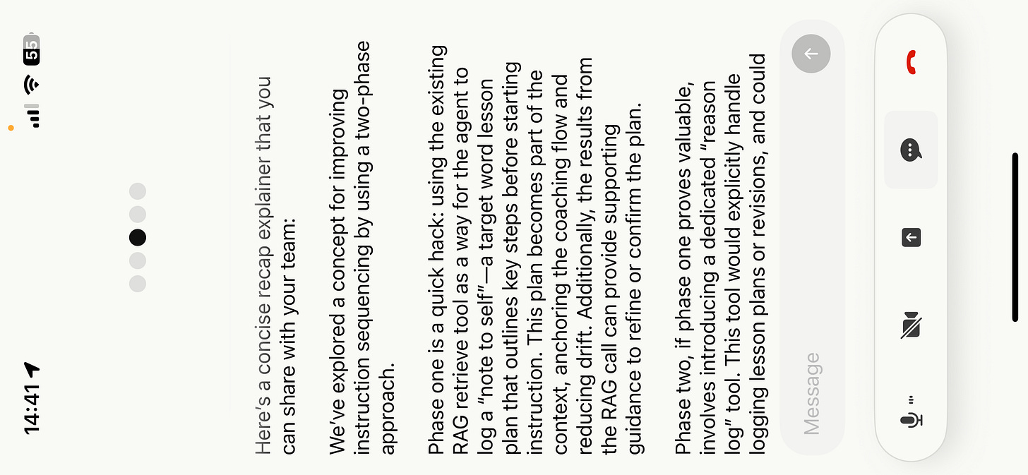 Sideways iOS screenshot of AI voice chat where the agent explains a two-phase approach for improving instruction sequencing using RAG retrieval and a dedicated reason log tool