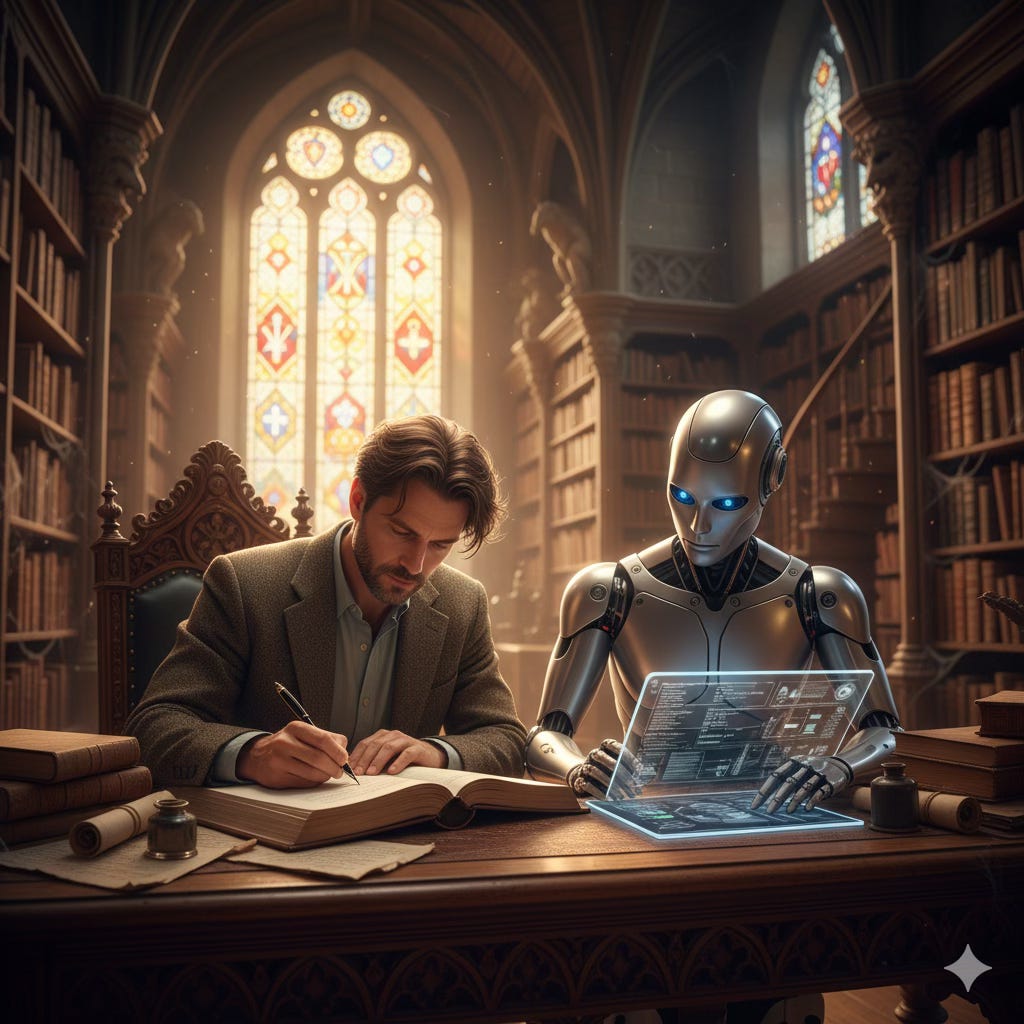 Human vs AI writing inside a gothic library.
