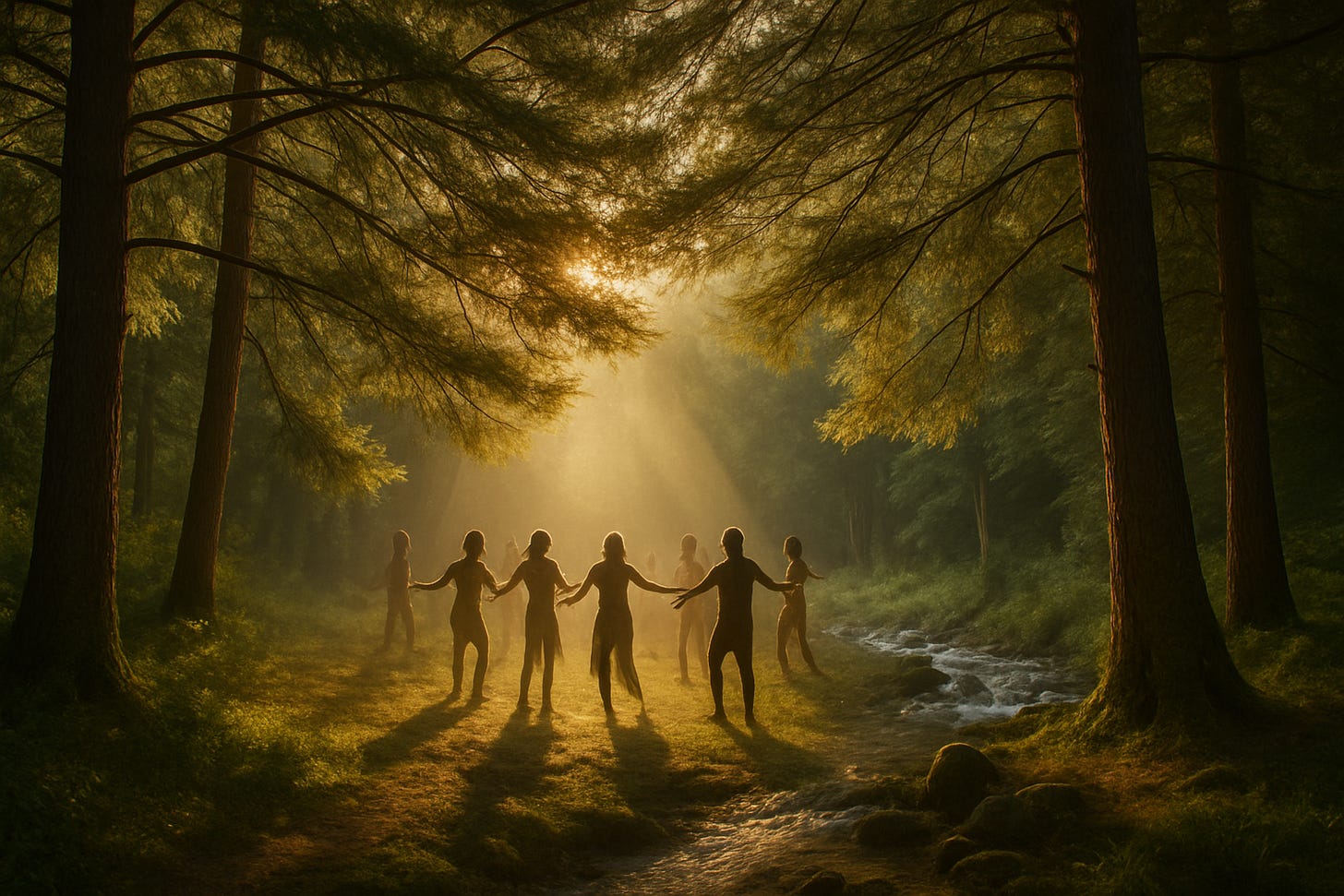 A super realistic sunlit pine-tree forest clearing at dawn, dappled light filtering through interwoven branches that form a subtle circular pattern overhead. In the center, faint silhouettes of people in a loose circle—arms open, mid-movement—suggest communal ritual. A mountain river flows vigorously nearby. The palette is warm golds and deep greens, with soft focus on the canopy and ground, evoking organic connection, rooted growth, and the invitation of shared space.” Picture taken with Sony Alpha Mirrorless full frame camera. Aspect ratio: 16:9