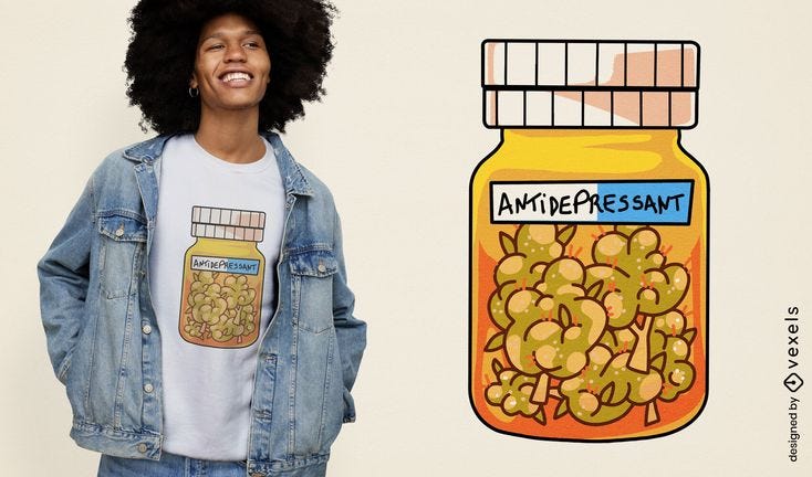 This contains: Antidepressant jar with weed t-shirt design