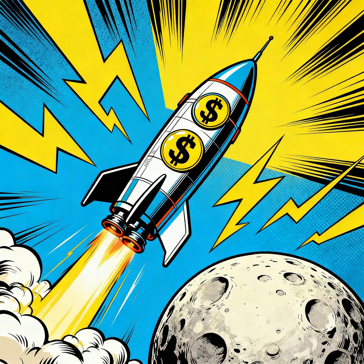 Fusée financière décollant vers la lune dans un style pop-art