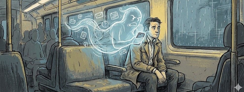 A moody, stylized illustration of a weary commuter sitting on a London train during a rainy evening. A translucent, ghostly figure floats beside him, aggressively whispering into his ear, representing work-related anxiety and intrusive thoughts