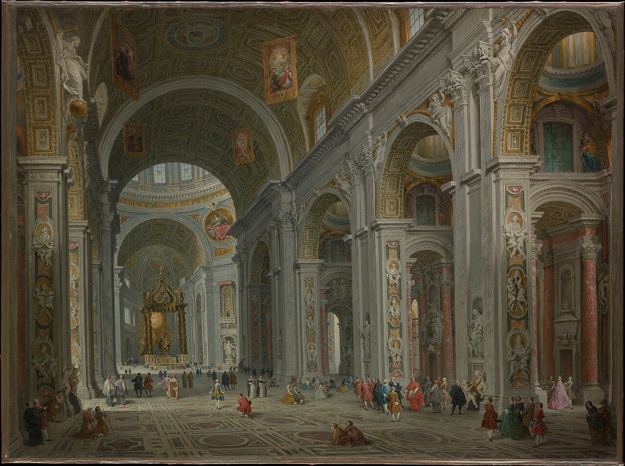 Vast basilica interior with small figures Vast basilica interior with small figures