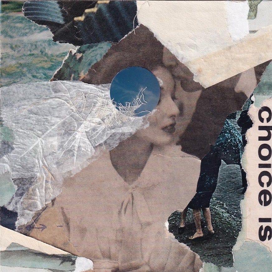 analog collage with scraps of paper and ephemera that cover the entire substrate. the central image is a black and white photo of a man kissing a woman's forehead; her face is partially obscured with tissue, gauze, and a blue circle. Scraps around the edges of the photo feature raw ripped edges, and the composition is largely in moody deep blues and greens. The only legible scrap of text is on the right border and reads "choice is"