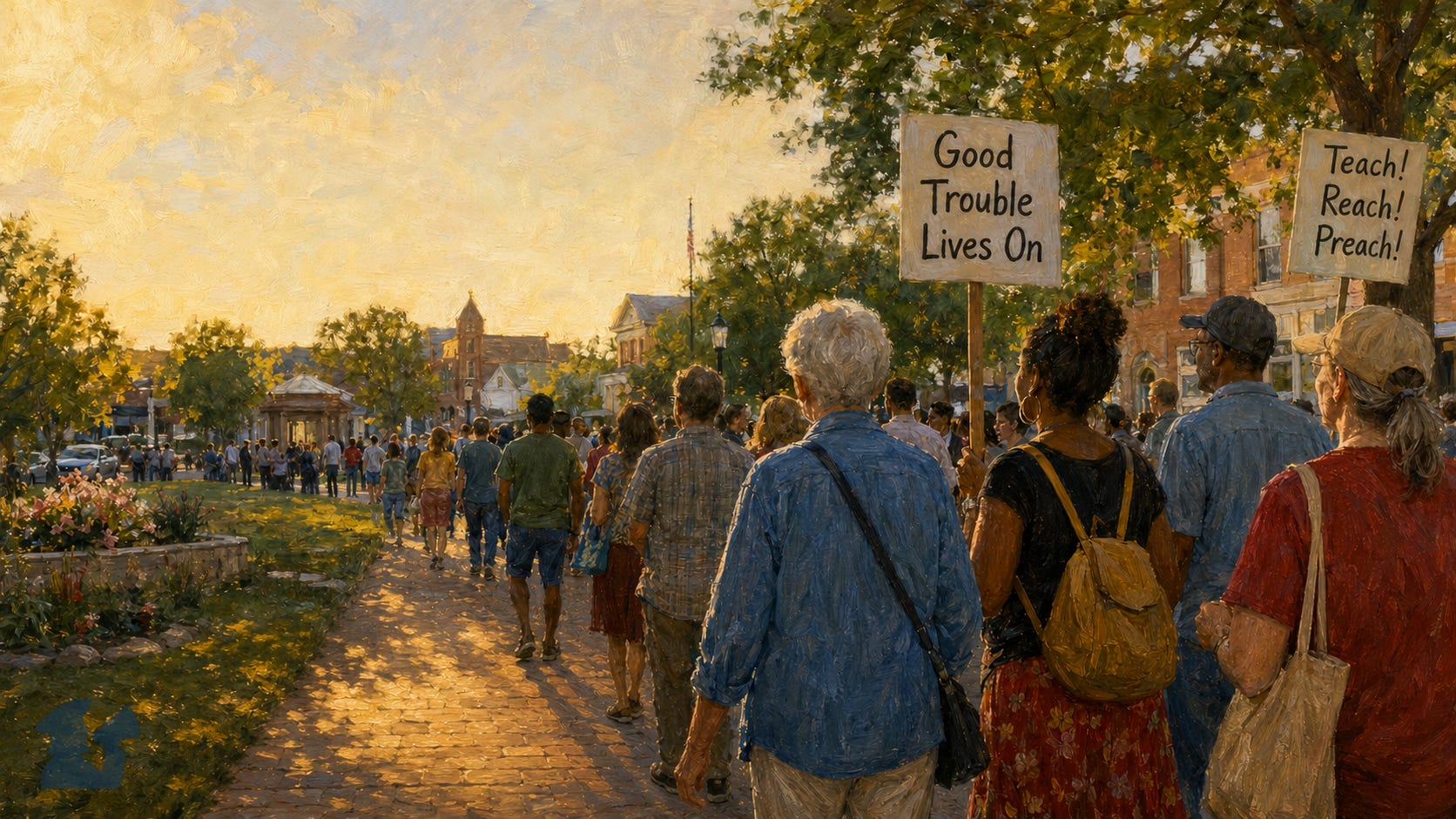 Oil painting of a diverse crowd walking toward a Good Trouble Lives On civic gathering at sunset, with signs reading Good Trouble Lives On and Teach! Reach! Preach! Oil painting of a diverse crowd walking toward a Good Trouble Lives On civic gathering at sunset, with signs reading Good Trouble Lives On and Teach! Reach! Preach!