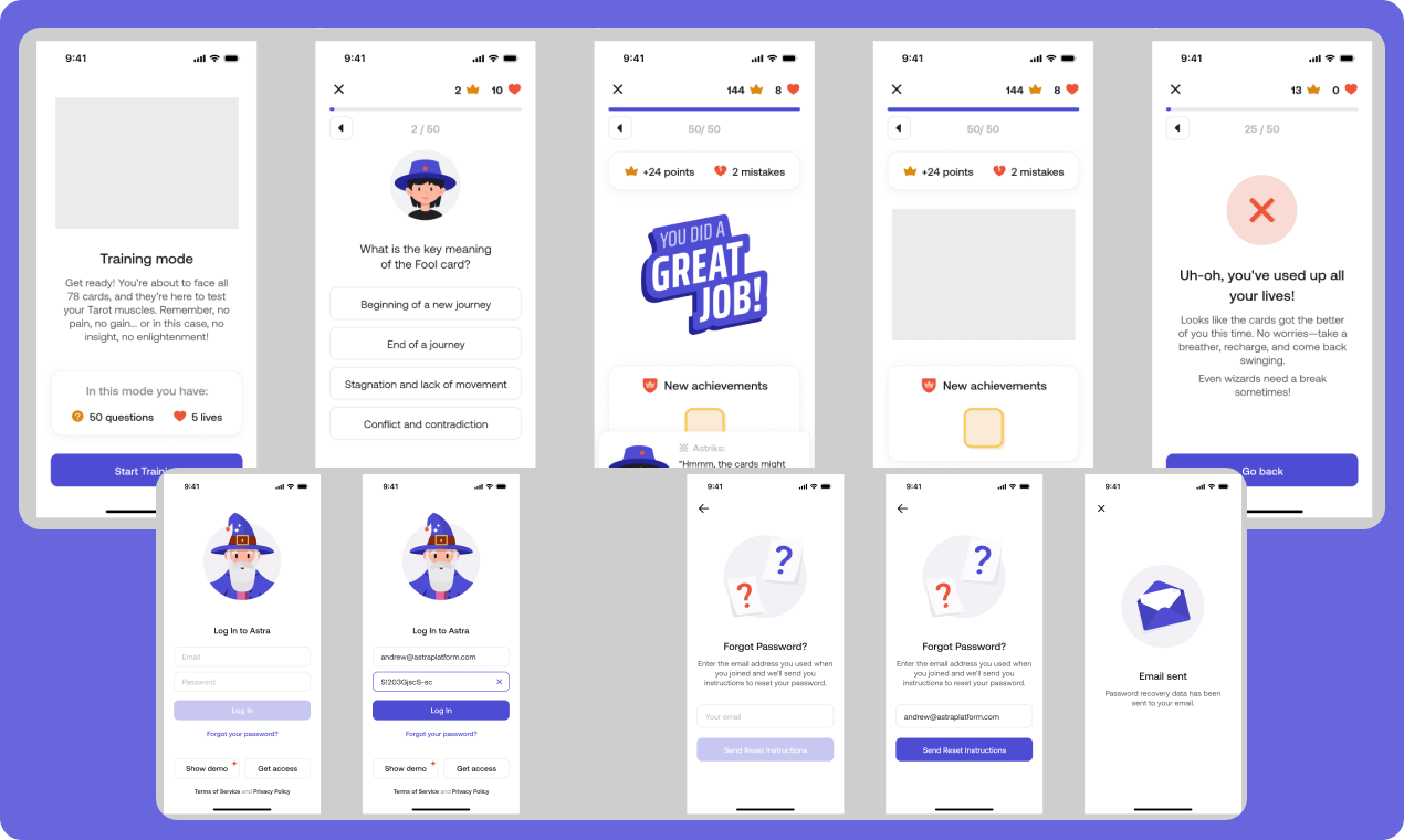 A grid of app screens showing training mode, question cards and result states. A grid of app screens showing training mode, question cards and result states.