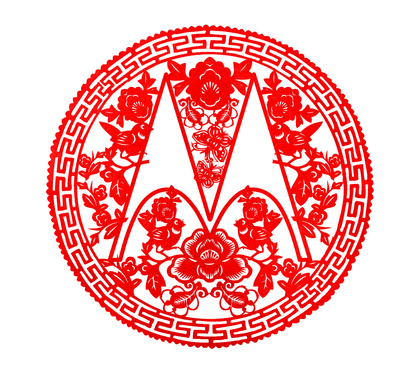 A Motorola batwing logo rendered in bright red in the intricate style of Chinese paper cutting art.