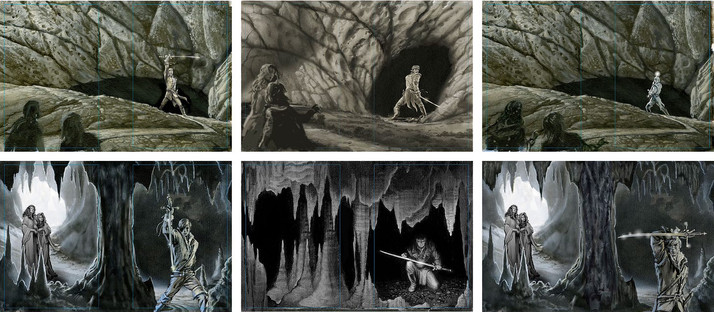 Two rows with three images each. The top row features preliminary concepts viewing Shayol Ghul from outside with Rand posed in the iris of the opening. The cave opening in the middle image is an ovular blob while the left and right are a narrow, slanted opening. The bottom row features a perspective inside the cave. The middle image features a sword bearing man lying in wait. The left and right feature Moiraine and Nynaeve in the left from by the cave opening, while Rand is position in the right of the panel. On the bottom left, his sword is pommel up with the blade down. On the bottom right, his arm shields his eyes as the blade runs the length of his arm.
