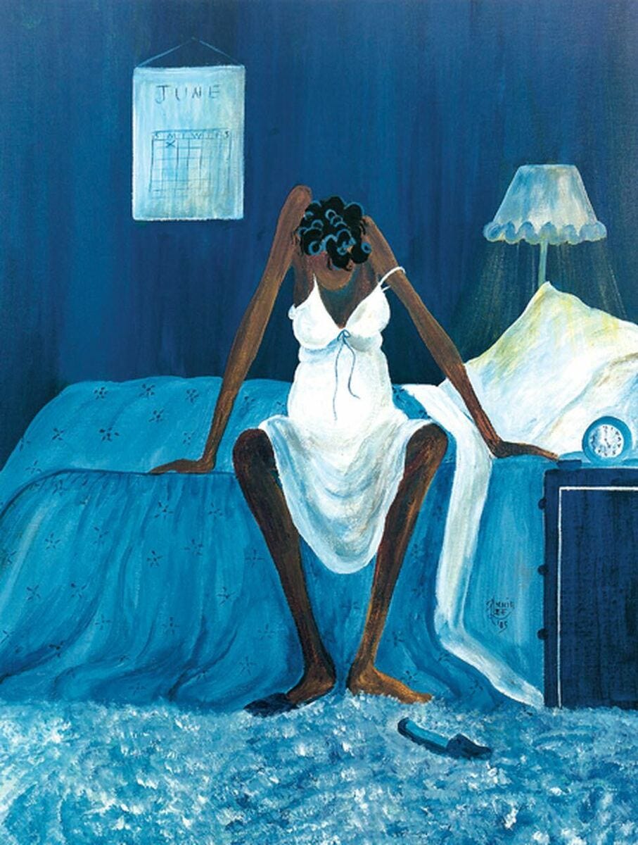A painting of a tired woman sitting on her bed in a blue room. 
