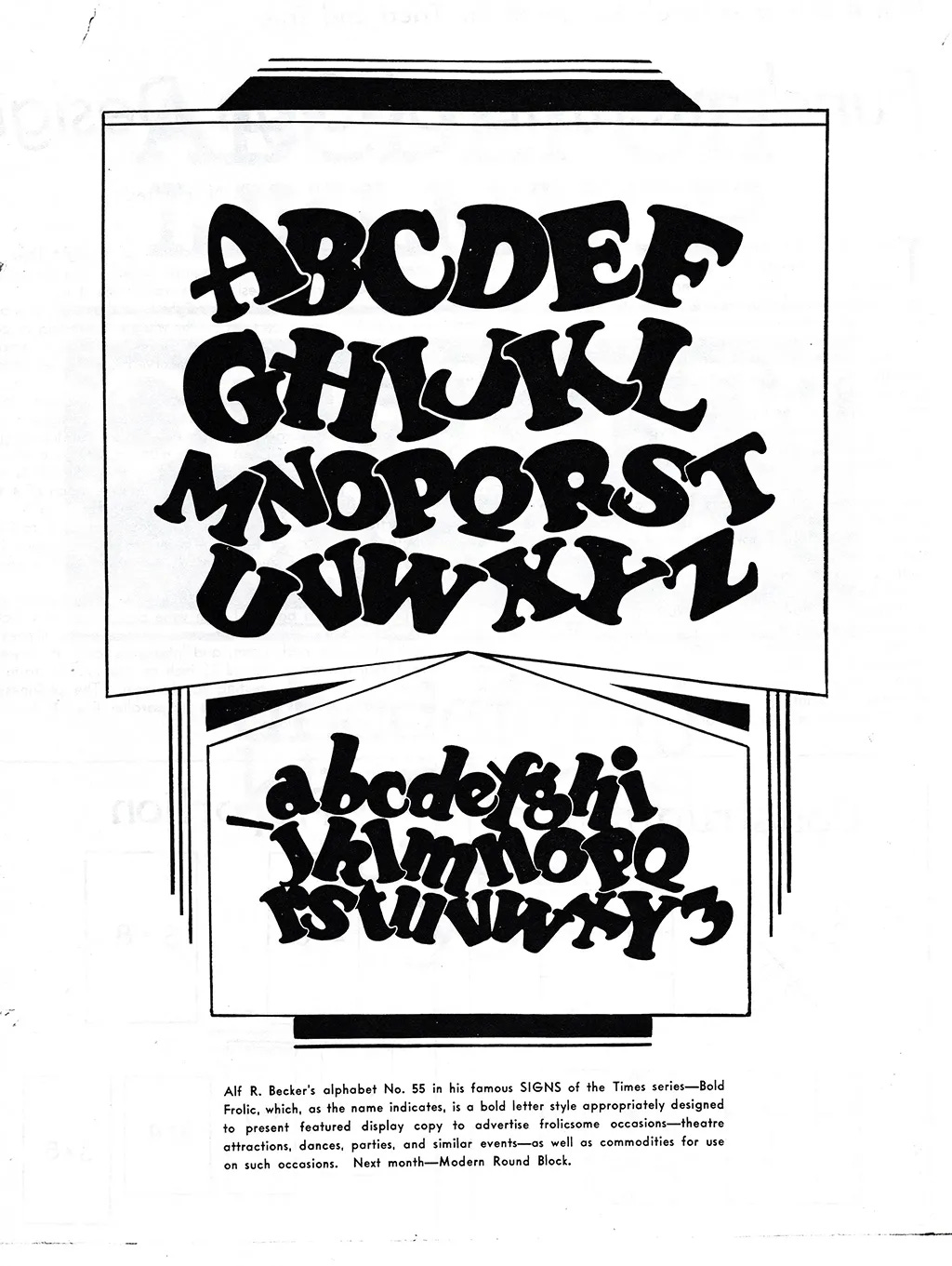 Alphabet No. 55 from Alf R. Becker's Signs of the Times series — Bold Frolic, a chunky, exuberant display face with rounded, tumbling letterforms designed for theatrical and entertainment advertising.