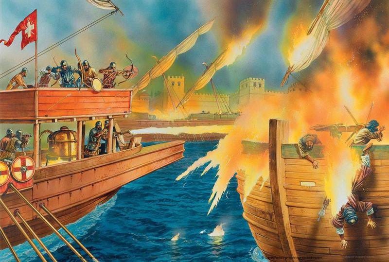 The use of Greek Fire to incinerate Muslim fleets besieging Constantinople in 674-678 AD and critically in 717-718 AD, the Empire’s darkest hour, was of great importance to the Byzantines. Later Byzantine writers characterized its discovery as divine intervention. 