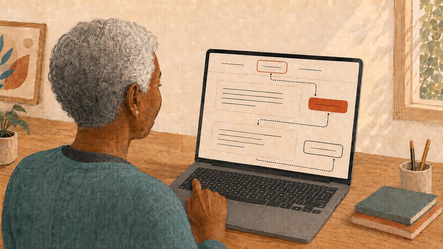 An older person seen from behind at a laptop, one hand on the keyboard. On the screen, a webpage drawn in simple line work has a coral outline highlighting the top navigation link that holds keyboard focus, with a dotted path tracing the order focus moves through the page.