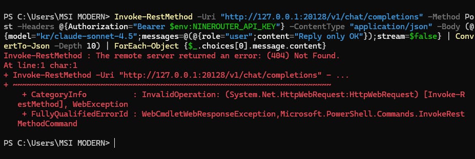 PowerShell error when testing a chat completion request with the wrong model route. PowerShell error when testing a chat completion request with the wrong model route.