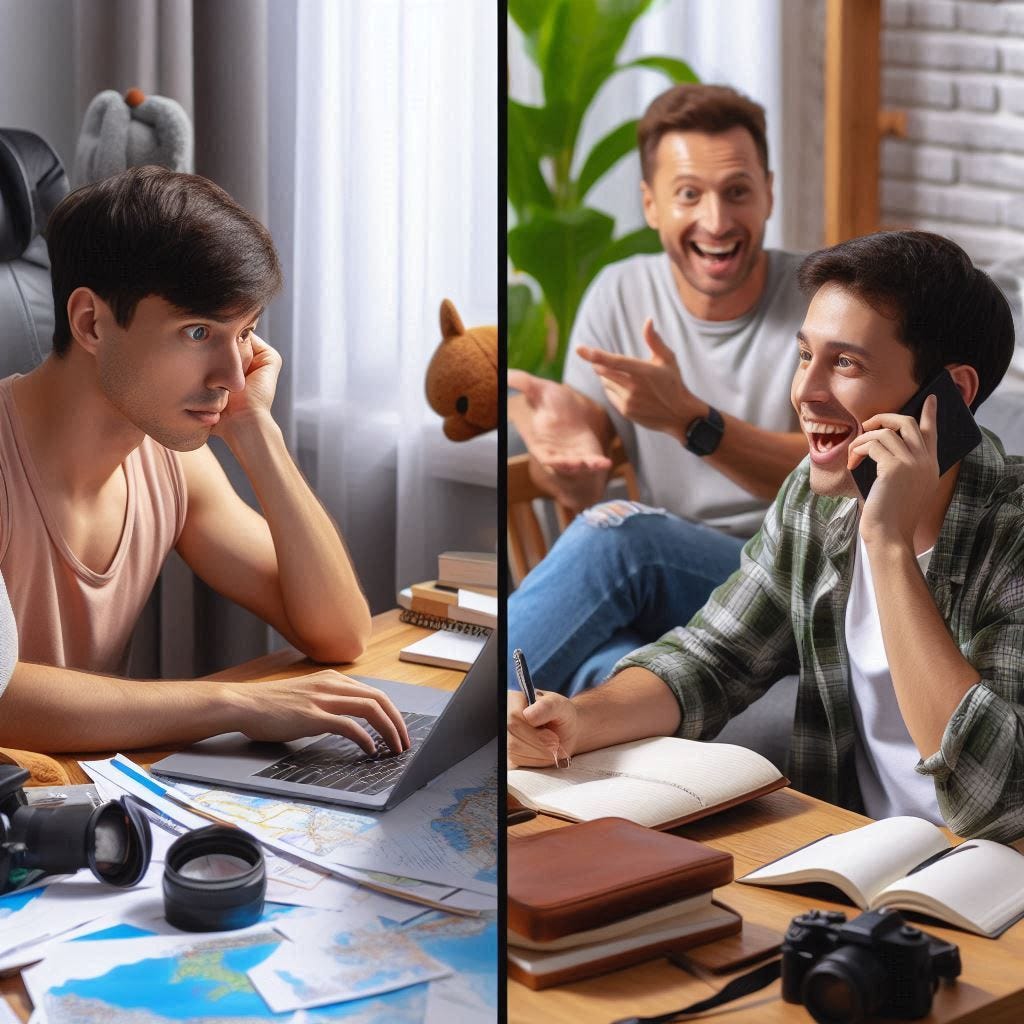 show a split image showing someone struggling with "analyis paralysis" on a computer doing vacation planning on one side, and someone talking to close friends talking positively about a trip on the other side