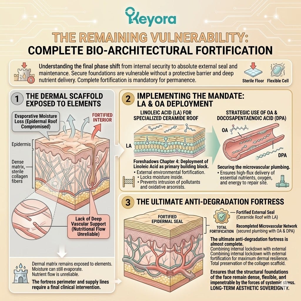 Systemic fortification shifts toward Linoleic and Oleic Acid to secure the external seal and microvascular plumbing for ATP Synthesis and Neurological Sovereignty. Systemic fortification shifts toward Linoleic and Oleic Acid to secure the external seal and microvascular plumbing for ATP Synthesis and Neurological Sovereignty.