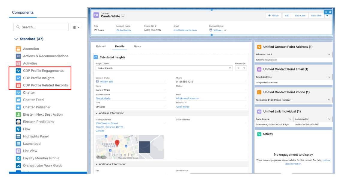 Screenshot of a CDP Unified Individual’s record page with the three components highlighted.