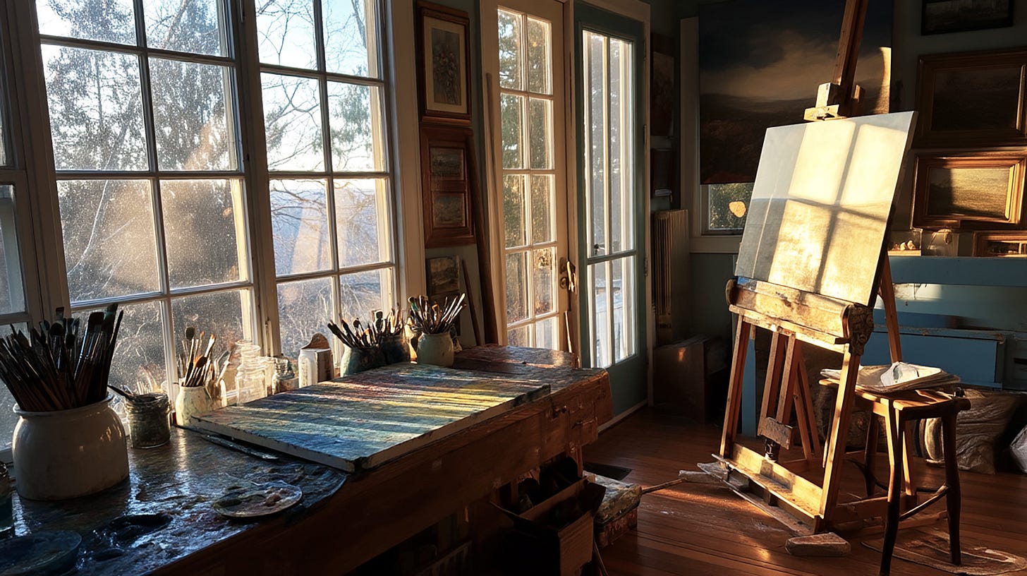 A realistic image of a sunlit artist’s studio at dawn, still and peaceful, with brushes and canvas resting in soft light, evoking silence and awareness.