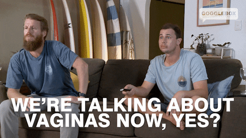 googlebox now gif two men sitting on couch saying we're talking aout vangines now, yes?