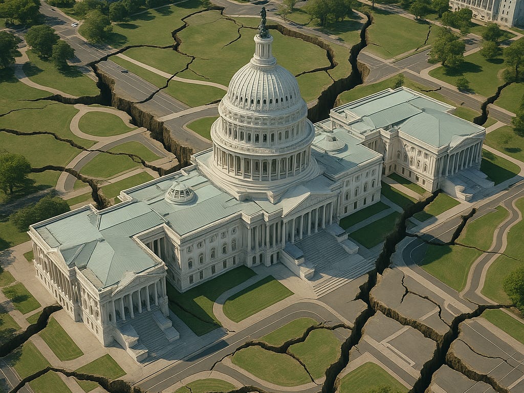 A CGI generated birds-eye view of the Capitol building with cracks in the ground
