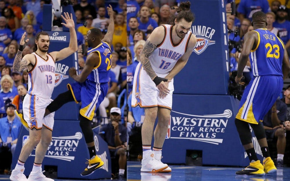 After Draymon Green second groin kick Steven Adams investing in iron clad cup 2016 images After Draymon Green second groin kick Steven Adams investing in iron clad cup 2016 images