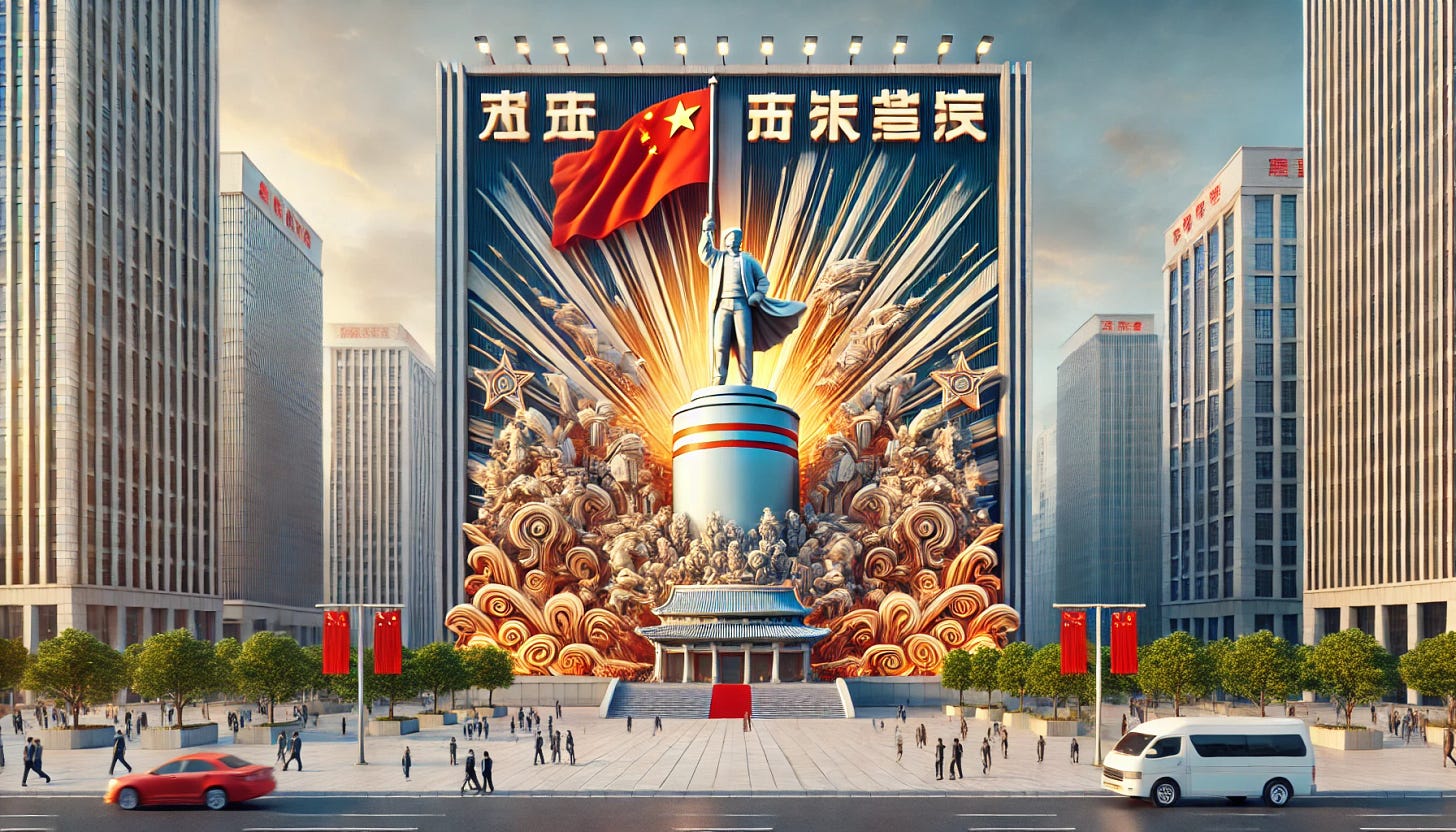 A wide aspect ratio image depicting a monument celebrating the Chinese battery sector's domination. The monument should be grand and symbolic, possibly featuring elements like a large battery or energy-themed sculptures. It should prominently include Chinese cultural elements or the Chinese flag, signifying national pride. The setting should be in a public square or park, with people visiting and taking pictures, highlighting the monument's importance and significance.