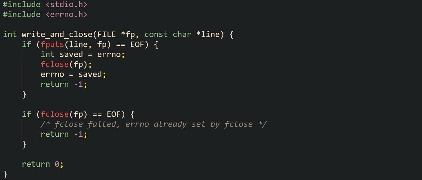 #include <stdio.h> #include <errno.h>  int write_and_close(FILE *fp, const char *line) {     if (fputs(line, fp) == EOF) {         int saved = errno;         fclose(fp);         errno = saved;         return -1;     }      if (fclose(fp) == EOF) {         /* fclose failed, errno already set by fclose */         return -1;     }      return 0; }