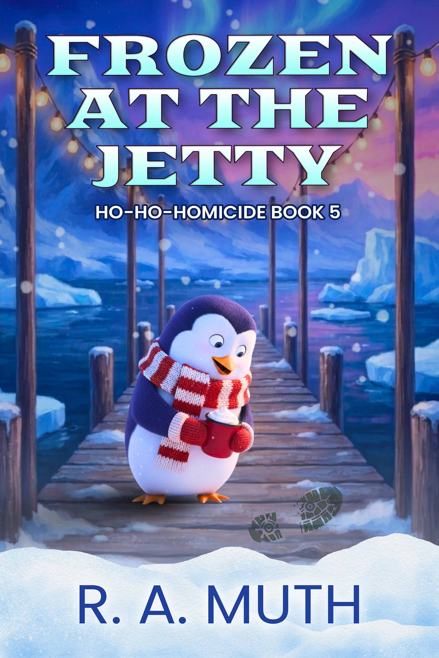 Book cover for FROZEN AT THE JETTY featuring a little penguin standing on a wooden pier in winter