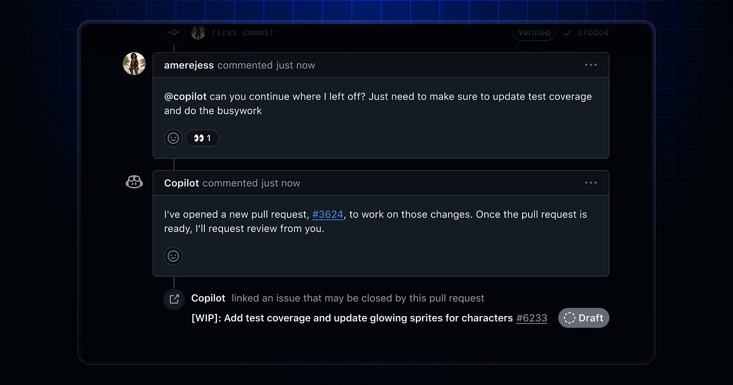 Human-made pull request UI with comment from Copilot coding agent