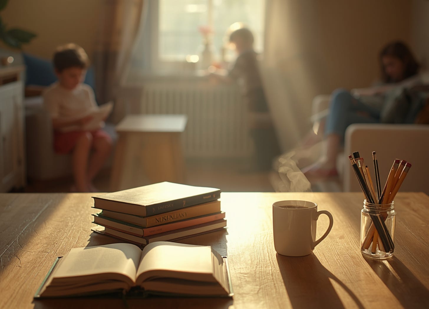 A morning homeschooling scene. Hot coffee, pens and books are on a table. Children read quietly in the background.