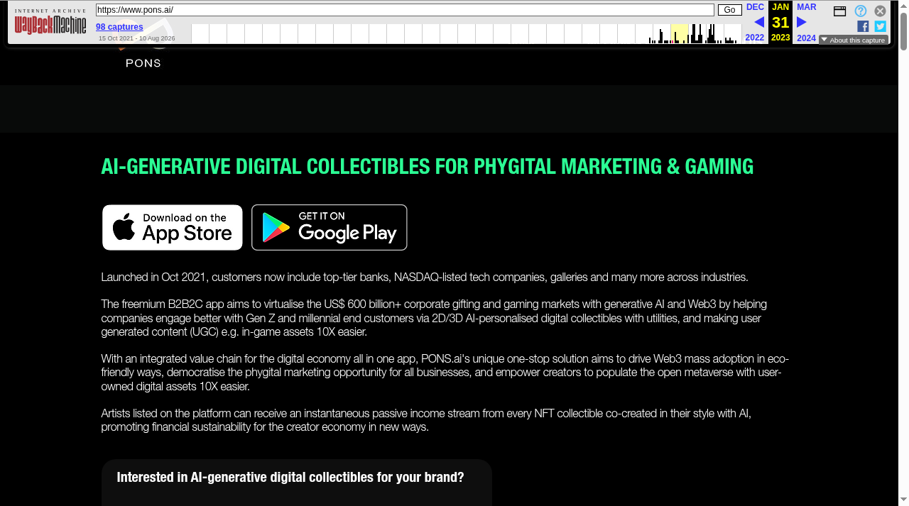 Wayback Machine capture of pons.ai dated 31 January 2023. Headline reads AI-GENERATIVE DIGITAL COLLECTIBLES FOR PHYGITAL MARKETING AND GAMING, with App Store and Google Play buttons and a line saying the platform launched in October 2021.